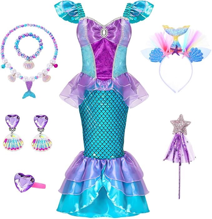 Mermaid Costume Dress, Mermaid Princess Dress for Girls with Wig Headband Necklace for Birthday Party Cosplay