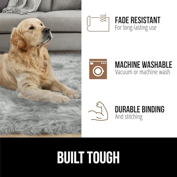 Gorilla Grip Fluffy Faux Fur Rug, 6x9, Machine Washable Soft Furry Area Rugs, Rubber Backing, Plush Floor Carpets for Baby Nursery, Bedroom, Living Room Shag Carpet, Luxury Home Decor, Light Gray
