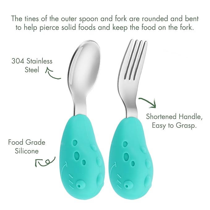 Baby Fork and Spoon Set with Carry Case Baby Training Utensils Self Feeding Toddler Silverware Silicone and Stainless Steel Kids and Toddler Utensil Set-Dinosaur