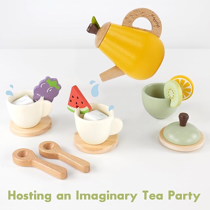 PairPear Wooden Toys Tea Party Set, Toddler Tea Set for Little Girls, Kids Pretend Play Kitchen Accessories, Wooden Play Food Toys Gift for Girls Boys 3 Y+