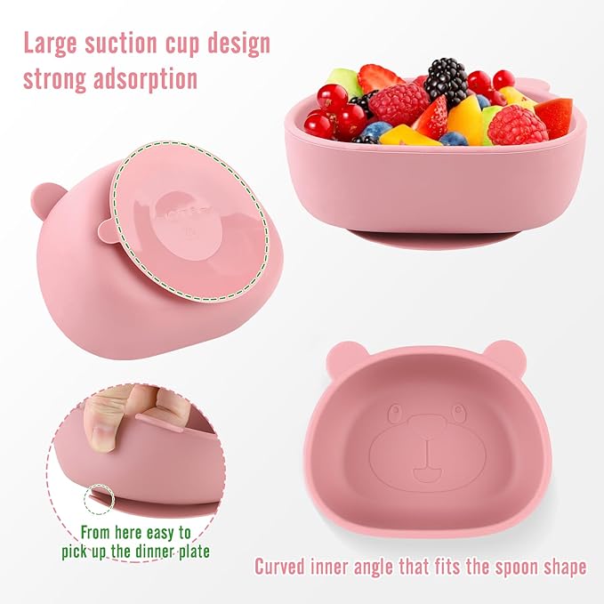 Silicone Baby Feeding Set, 8-Piece Baby Led Weaning Supplies Included Toddler Suction Plate, Bowl, Cup, 3 Spoons & 2 Safety Straps Keep Spoon, Fork & Bottle Off The Floor for Self-Feeding (Rose)