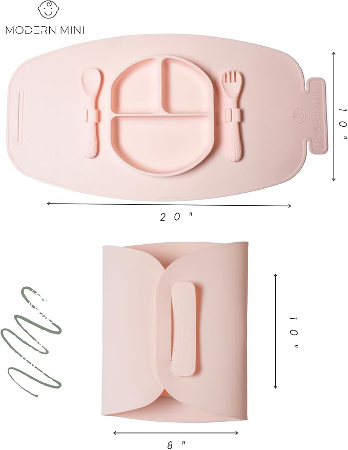 Modern Mini - Silicone Suction Plate, Baby Toddler, Divided Plate with Fork & Spoon - Unbreakable, Non-Toxic, Food Grade Silicone, Strong Suction Grip, Spill Proof, & Foldable for Travel!