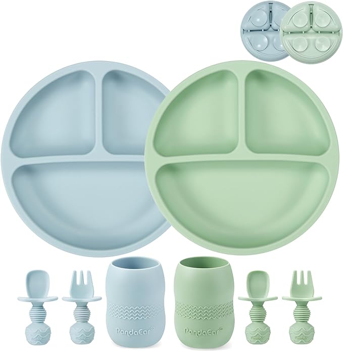 PandaEar Silicone Baby Feeding Set| 2 Pack Silicone Divided Suction Plate and 2 Pack Tiny Cup with 2 Spoons 2 Forks| Baby Led Weaning Supplies Self Feeding Eating Utensils (Blue/Green)