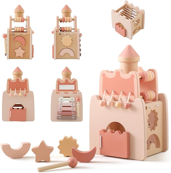 Youuys Wooden Activity Cube 9-in-1 Montessori Toys for 3+ Year Old Boys & Girls, Multipurpose Educational Sensory Learning Toys for Baby Toddlers with Mirror, First Birthday Gift (Castle)