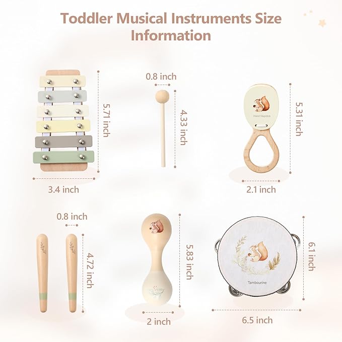 Toddler Musical Instruments | Baby Musical Toys Wooden Toys Educational Toys for Toddlers | Neutral Color Musical Instruments Set | Early Learning Music Toys for Boys Girls Gift