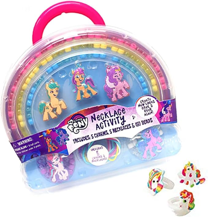 Pony Necklace Making Activity Set with 3 Assorted Pre-Made Unicorn Rings and Little Pony Characters