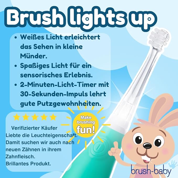 brush-baby BabySonic Infant and Toddler Electric Toothbrush for Ages 0-3 Years - Smart LED Timer and Gentle Vibration Provide a Fun Brushing Experience - Includes 2 Sensitive Brush Heads (Teal)