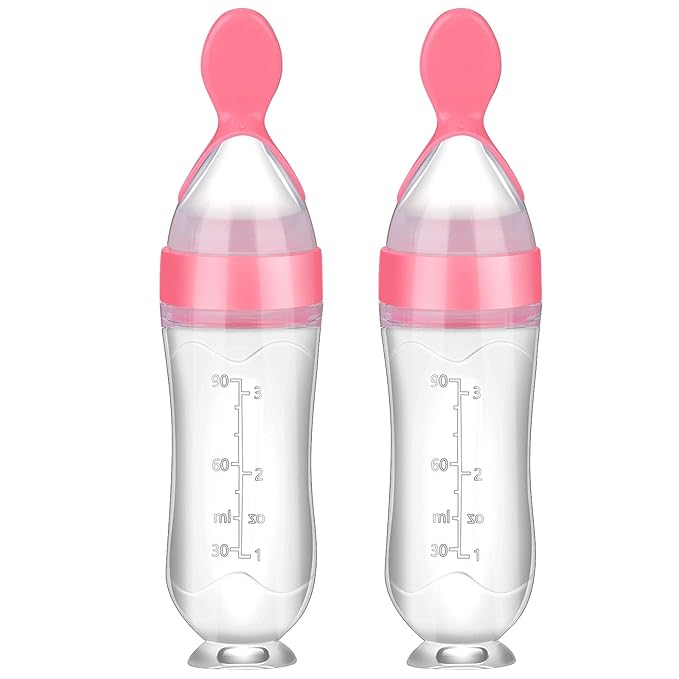 Nuanchu 2 Pieces Baby Spoon Feeder Squeeze Food Toddler Food Dispensing Spoon Suction Cup Design Feeder for Baby Toddlers Boys Girl(Pink)