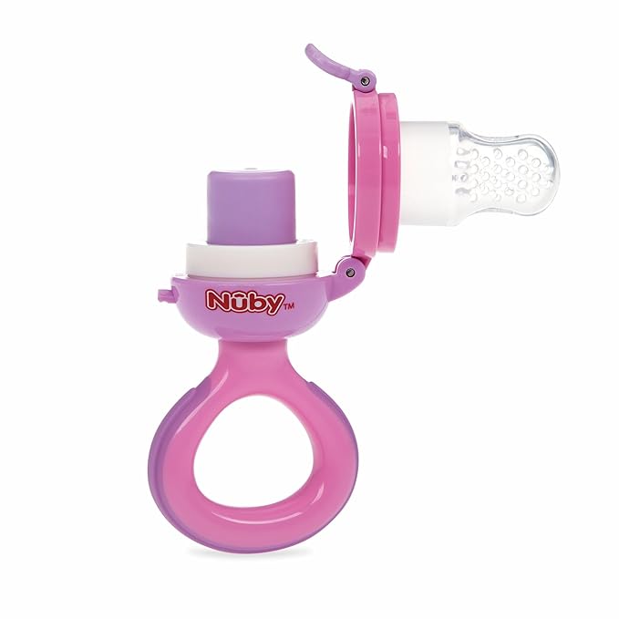 Nuby Baby’s First Food Feeder - Soft Silicone Feeding Pouch with Hygienic Cover | for First Soft Foods and Teething | 2 Pack: Pink & Aqua | Twist n' Feed | Promotes Self Feeding |10+ Months