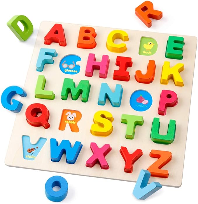 Coogam Wooden Alphabet Puzzle – ABC Letters Sorting Board Blocks Montessori Matching Game Jigsaw Educational Early Learning Toy Gift for Preschool Year Old Kids