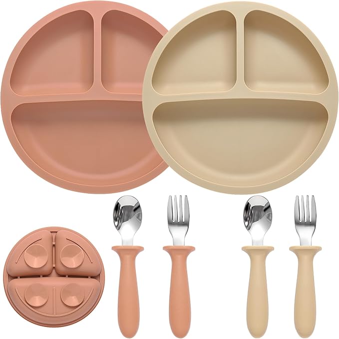 Silicone Baby Feeding Set, 2 Pack Divided Suction Plates for Baby, 2 Pack Spoons and Forks Set Baby Eating Essentials, Feeding Supplies for Toddler Utensils, BPA Free