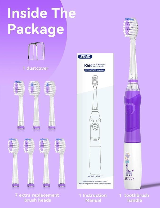SEAGO Kids Electric Toothbrush with 2 Mins Brushing Timer and 8 Replacement Bursh Heads,Rainbow LED Light Make Brushing Fun, Blue Color Boys Battery Powerd Toothbrush for 4-12 Years Old
