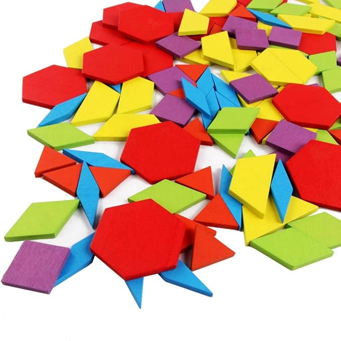 JCREN Wooden Pattern Blocks Montessori Toys Shape Puzzles Kindergarten Classic Educational Tangram Geometric Brain Teaser Toys Best STEM for Kids Ages 4-8 with 24 Pcs Design Cards