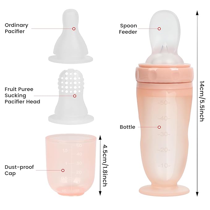 Baby Multifunctional Complementary Food Bottle, Silicone Milk Bottle 3-in-1, Including Dispensing Spoon, Regular Nipple and Fruit Puree Feeding Nipple, Auxiliary Weaning Bottle