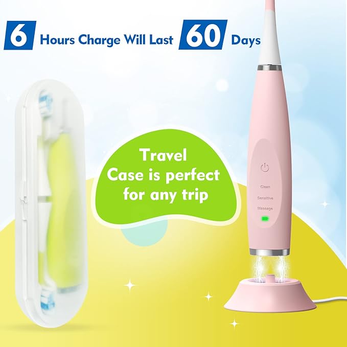 Kids Electric Toothbrushes Sonic Rechargeable Tooth Brush Gifts for Boys and Girls Smart Timer Power Toothbrush - Blue 3 4 5 6 7 8 9 10 11 12 (Pink)