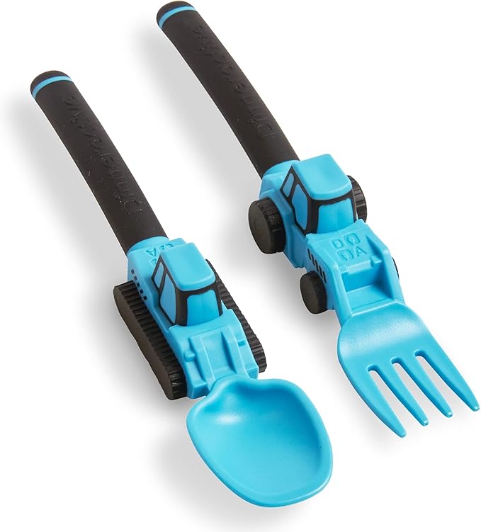 Dinneractive Utensil Set for Kids – Construction Themed Toddler Forks and Spoons, Toddler Utensils – 2-Piece Set – Blue Construction Utensils for Toddlers - Loader & Tractor Toddler Spoons and Forks