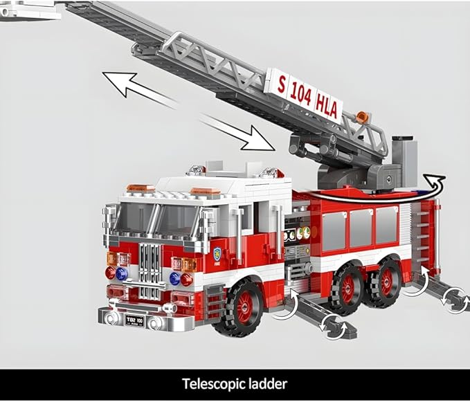 City Ladder Fire Truck Building Blocks Set (711 pcs) Fire Station Firetruck Bricks Collectible Fire Engine Building Kit Model Gift for Boys and Girls Adults Christmas and Birthday
