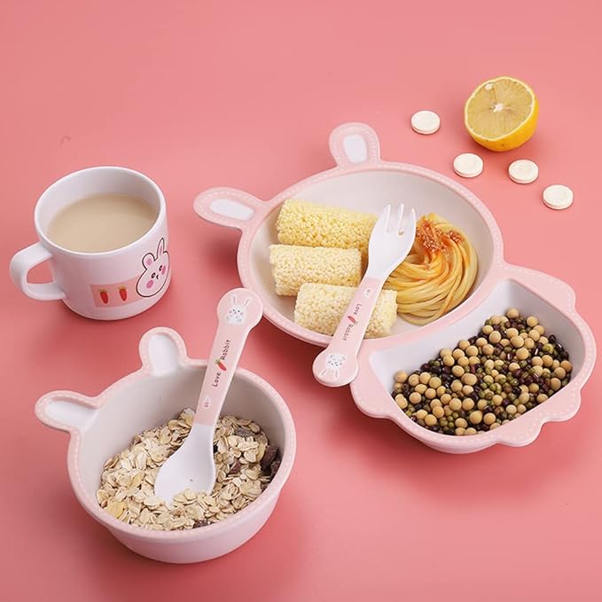 Bamboo Kids Dinnerware Set 5 Pcs Includes Plate Bowl Cup Fork Spoon Perfect for Kids BPA-Free (Rabbit)
