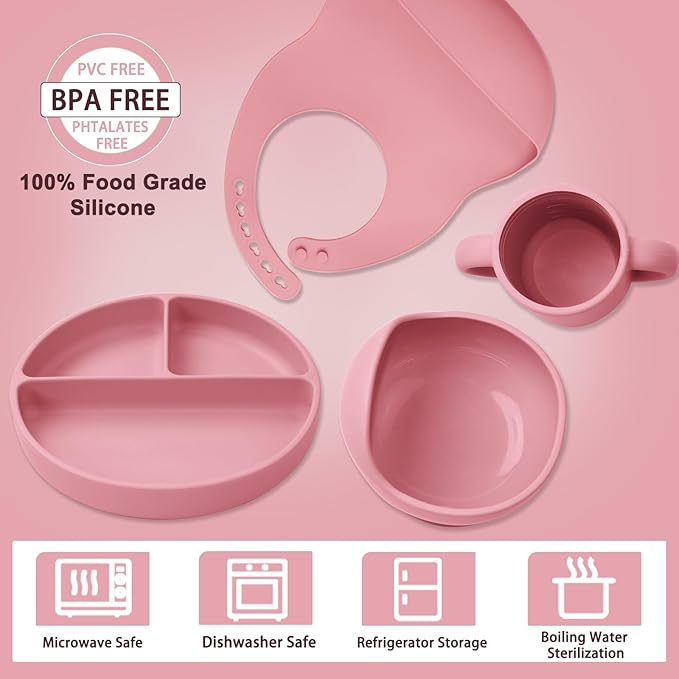 Silicone Baby Feeding Set 14 Pcs,Baby Led Weaning Supplies, Baby Spoons Suction Bowl Divided Plate Bib Cup Finger Brush,First Stage Solid Food Eating Utensils - 6+ Months(Deep Red)