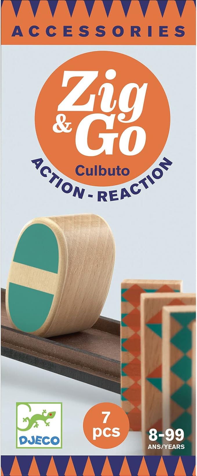DJECO Zig & Go Culbuto Wooden Domino Set (7pcs) - Domino Construction Set for Kids - Fun & Challenging Activity for Friends & Family - Wooden Chain Reaction Game for Children 8+ Years Girls & Boys