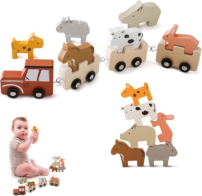 Wooden Train Set Toddler Toys for 3-5 Year Montessori Animal Figurines Train Toy Set Preschool Learning Activities Toys for Kids, Birthday Gift for Toddlers & Kids Aged 3+ (10 PCS)