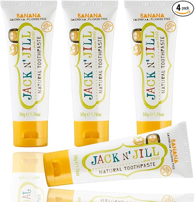 Jack N' Jill Natural Toddler Toothpaste for Baby, Kids and Infants 6 Months & Up, Fluoride Free Training Toothpaste for Toddlers 1-3 (1.76 Fl Oz (Pack of 4), Banana)