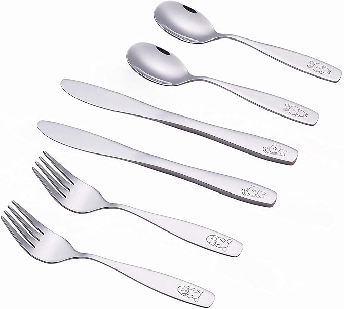 ANNOVA Children's Flatware 6 Pieces Set - Stainless Steel Cutlery/Silverware 2 x Safe Forks, 2 x Dinner Knife, 2 x Dinner Spoon - Safe Kids Toddler Utensils Lunch Box (Engraved Dog Cat Bunny)