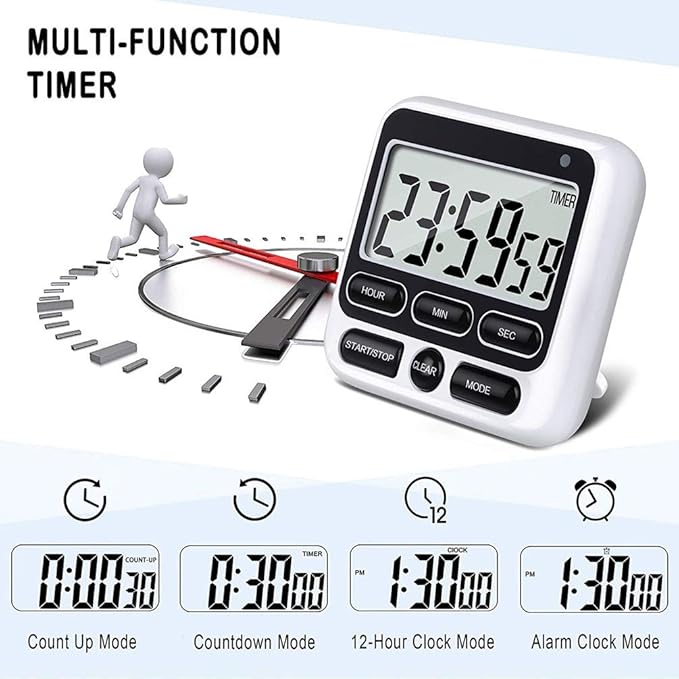 Digital Kitchen Timer with Mute/Loud Alarm Switch ON/Off Switch, 12 Hour Clock & Alarm, Strong Magnet and Simple Operation, Count Up & Count Down for Kids Teachers Cooking, Large LCD Display (Black)