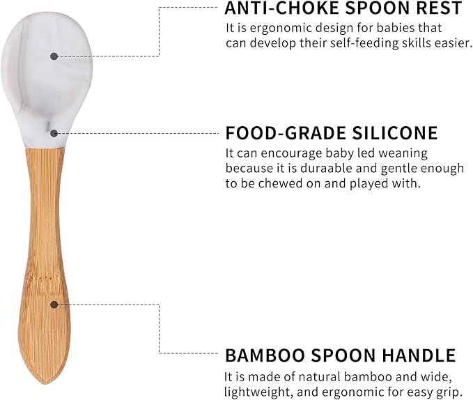 Baby Divided Bamboo Plates, Bowls with Suction and Matching Spoon Set, 3 Piece Feeding Supplies Set for Infant, Toddlers, Detachable Silicone Suction Stay Put Base for Wooden Bowl, Plate