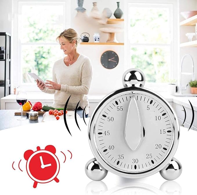 Kitchen Timer for Cooking, Countdown Loud Alarm Clock, Wind Up 60 Minutes, for Kids Classroom Teachers Meeting Management Teaching (Silver)