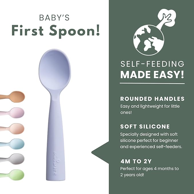 Miniware Silicone Baby Spoon for Training - BPA Free Baby Utensils - Baby Spoons Self Feeding 6 Months | 100% Food Grade Silicone - Modern & Dishwasher Safe Toddler Spoons (Grey and Lavender, 2 Pack)