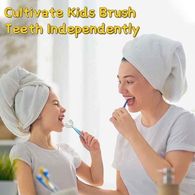 YOTEE U-Shaped Toothbrush Kids 2 PCS - Toddler Toothbrush with Food Grade Soft Silicone Brush Head, Manual Whole Mouth Toothbrush for Kids Age 6-12(Purple+Yellow), 360°Oral Teeth Cleaning