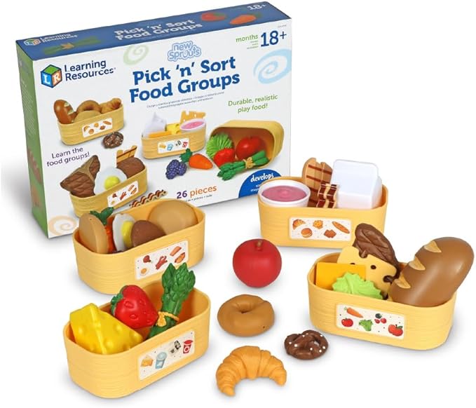 Learning Resources New Sprouts Pick ‘n’ Sort Food Groups, 26 Pieces, Ages 18 Months+, Grocery Store Pretend Play, Play Kitchen Accessories, Play Food for Toddlers