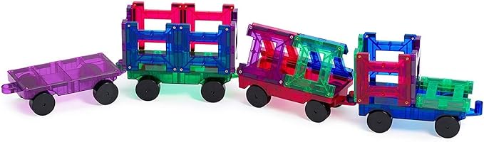 Playmags Magnetic Tiles Train Set, 20 Piece Accessory Set Includes 4 Trains, Stronger Magnets, Building Blocks Add-On, STEM Toys for Kids.