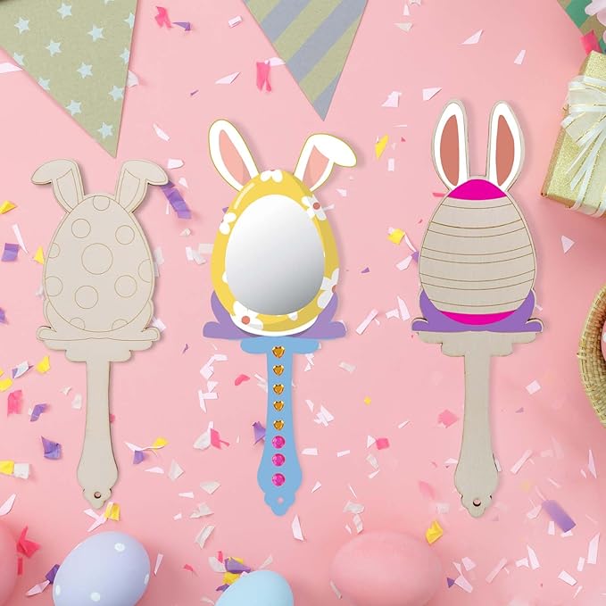 9 Pack Easter Bunny Craft for Kids Decorate You Own Bunny Mirrors for Girls DIY Coloring Hand Mirror for Wooden Easter Craft Project Easter Hunt Gifts