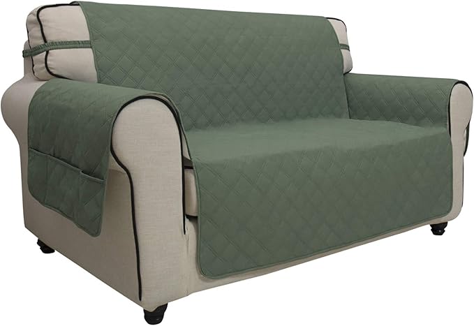 Easy-Going Sofa Slipcover Loveseat Cover Waterproof Couch Cover Washable Sofa Cover for 2 Cushion Couch Non-Slip Fabric Furniture Protector with Pocket for Pets Kids Dog Cat (Loveseat, Greyish Green)