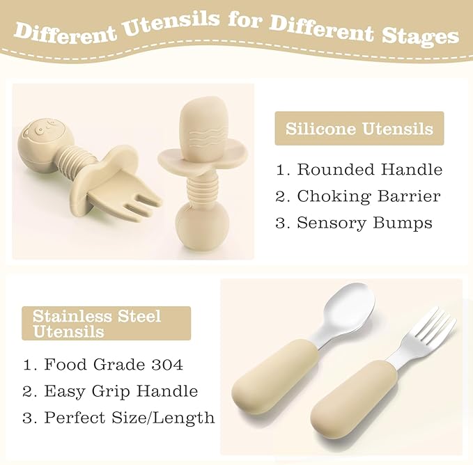 Silicone Baby Feeding Set, Baby Led Weaning Supplies with Suction Bowl Divided Plate, Toddler Self Feeding Dish Set with Spoons Forks Sippy Cup Adjustable Bib, Eating Utensils for 6+ Months(Beige)