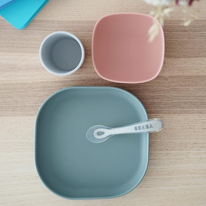 BEABA Silicone 4 Piece Baby Feeding Set, Suction Plates for Baby, Includes Plate, Bowl, Cup, 2nd Stage Silicone Spoon, High Grade Food Safe Silicone, Baby Must Haves, Eucalyptus