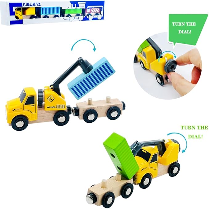 Wooden Trains Cars with Crane Magnetic Train Toys for Wooden Train Tracks Train Sets for Toddlers and Kids Ages 3+ (Crane Train)