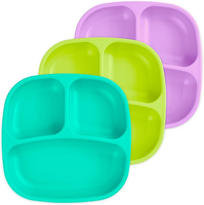 Re-Play Made in USA 7" Deep Walled Divided Plates for Kids, Set of 3 - Reusable 3 Compartment Plates, Dishwasher and Microwave Safe - 7.37" x 7.37" x 1.25", Mermaid