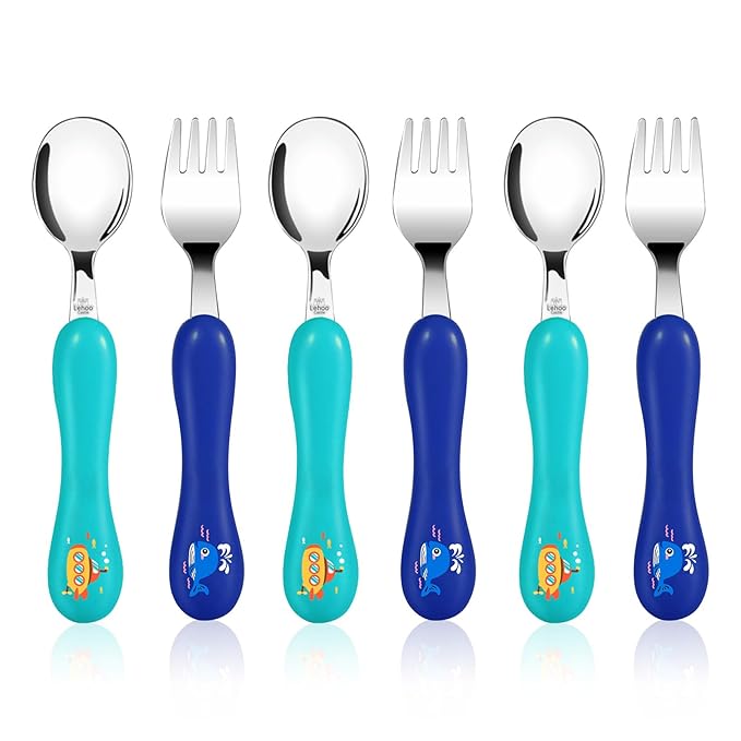 Lehoo Castle Toddler Fork and Spoon, 6pcs Toddler Utensils Kids Silverware, Safe Stainless Steel Toddler Fork Spoon Set, Children Flatware Set, Incudes 3 Spoons and 3 Forks (Submarine)