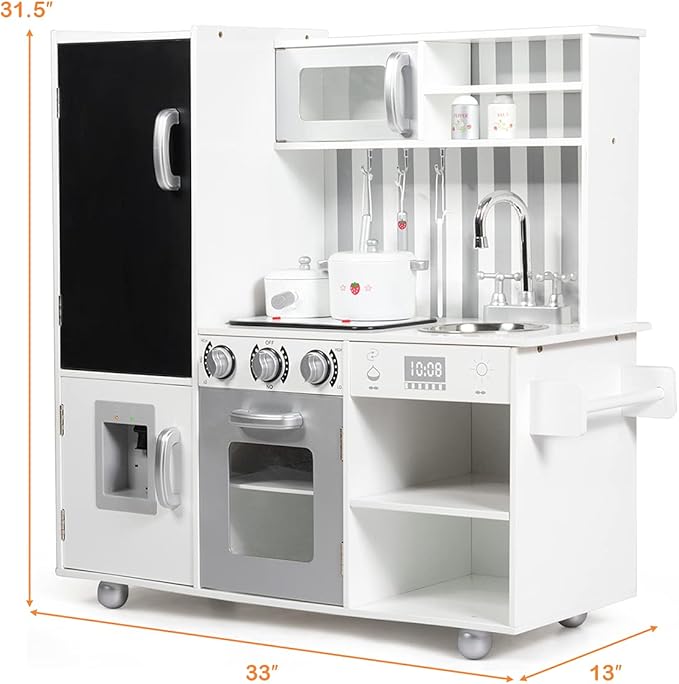 Fireflowery Kids Kitchen Playset, Toddler Kitchen w/Simulated Sound, Accessory Utensils, Blackboard, Sink, Stovetop, Cabinets, Pretend Play Kitchen, Gift for Ages 3+ (Modern)