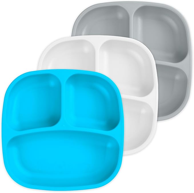 Re-Play Made in USA 7" Deep Walled Divided Plates for Kids, Set of 3 - Reusable 3 Compartment Plates, Dishwasher and Microwave Safe - 7.37" x 7.37" x 1.25", Modern Blue