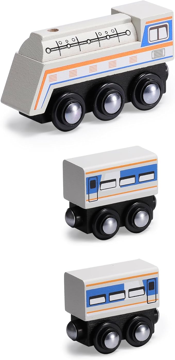 Wooden Train Set 9 PCS - Train Toys Magnetic Set Includes 3 Engines - Toy Train Sets for Kids Toddler Boys and Girls - Compatible with All Major Brands