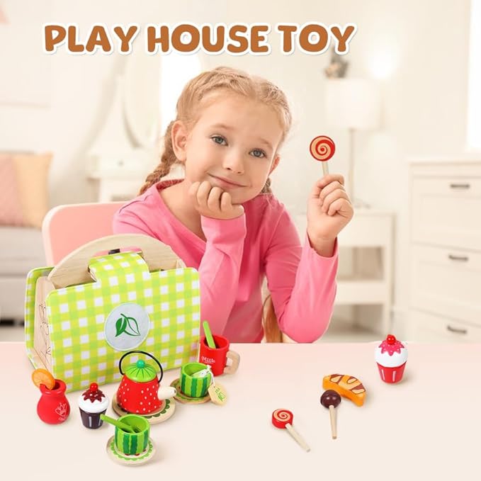 Wooden Tea Party Set for Toddler - Wooden Tea Set Pretend Role Play Kitchen Toy with Carrying Case, 3-5 Year Old Kids Girls Boys Birthday