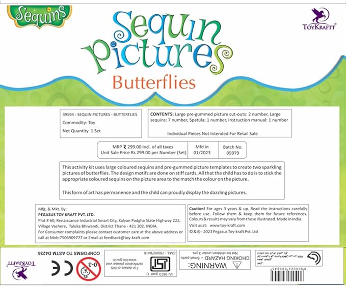 ToyKraftt Toddler Butterfly Art and Craft Kit for 3 to 5 Year Olds, Peel and Stick Pictures, Gifts for Boys Girls - Sequin Pictures Butterflies