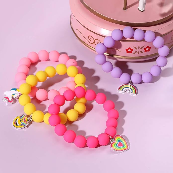 PinkSheep Unicorn Beads Pendant Bracelet for Kid Girl, 6PC, Rainbow Monster Sun Flower Heart Meteor Charm Friendship Bracelet Good Friend Gift