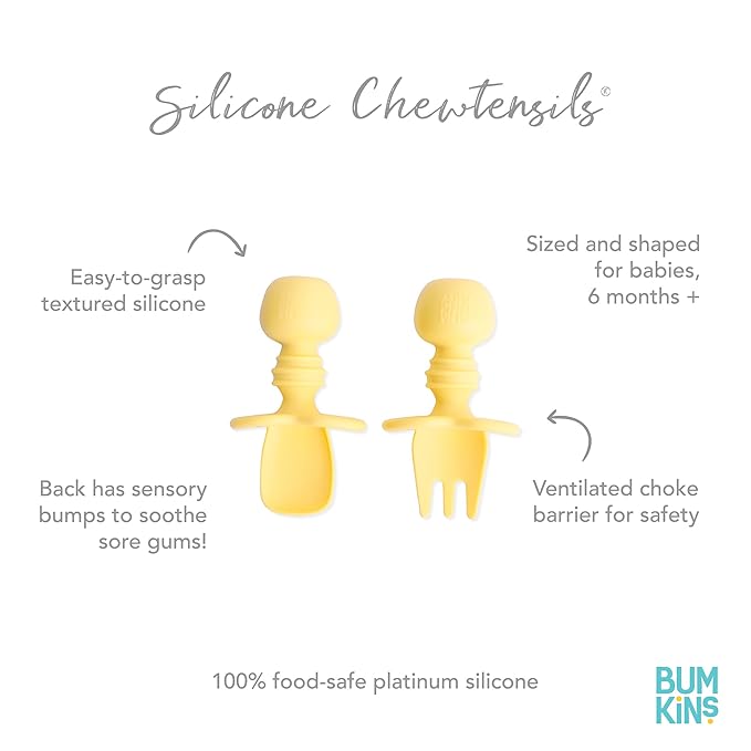 Bumkins Baby Utensils Set, Chewtensils Silicone Spoons for Dipping, Self-Feeding, Baby Led Weaning, Trainer Learning, First Stage Eating, Soft Practice Fork and Spoon, Babies 6 Months, Pineapple