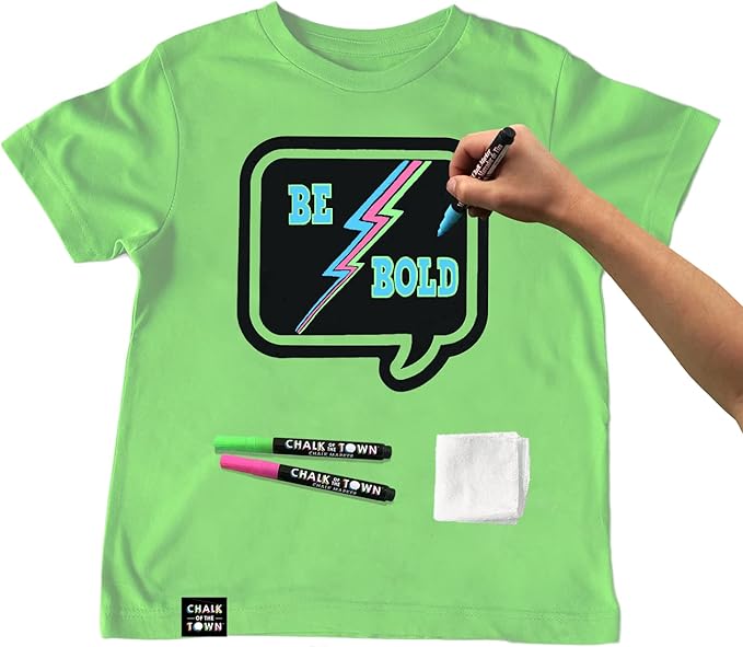 Green Speech Bubble Chalkboard Short Sleeve T-Shirt Kit for Kids with 3 Markers and 1 Stencil (Youth X-Small)