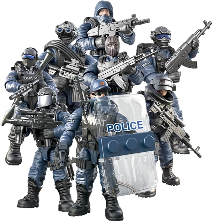 8 PCS Building Block City Policeman Action Mini-Figures with Multiple Military Weapons Accessories SWAT Model Equipment Assembly Building Toys Party Favors Gift for Boys